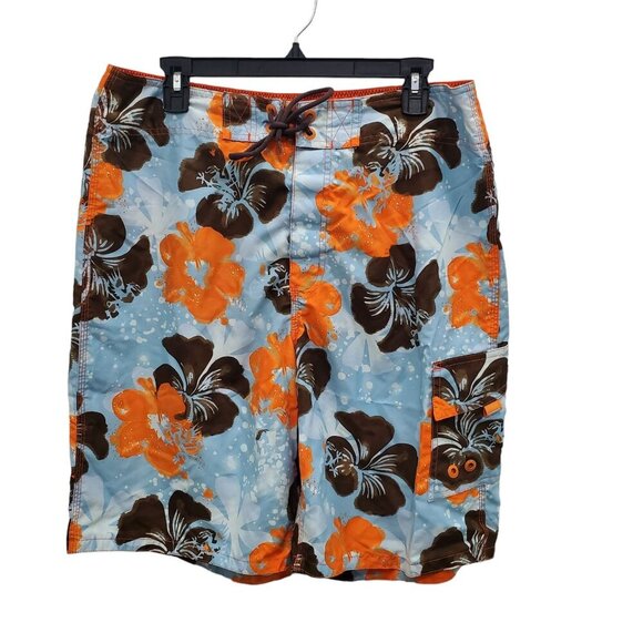 Missimo Men's Y2K Blue Orange Hibiscus Tropical 9.5" Swim‎ Shorts Trunks Size 34 - Picture 1 of 8